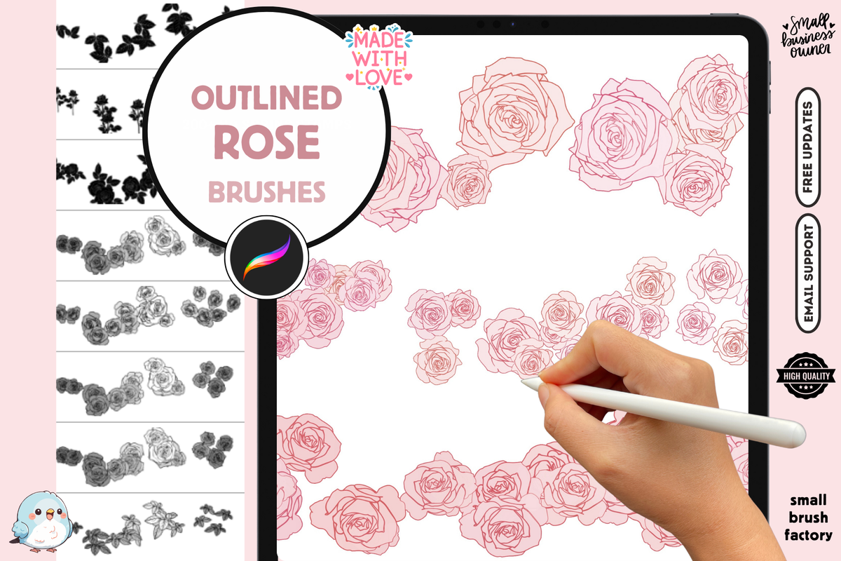 Procreate Brushes: Cute Rose Garden Essentials, 38 Outlined Rose and Leaf Brushes, Perfect for Manga and Illustration