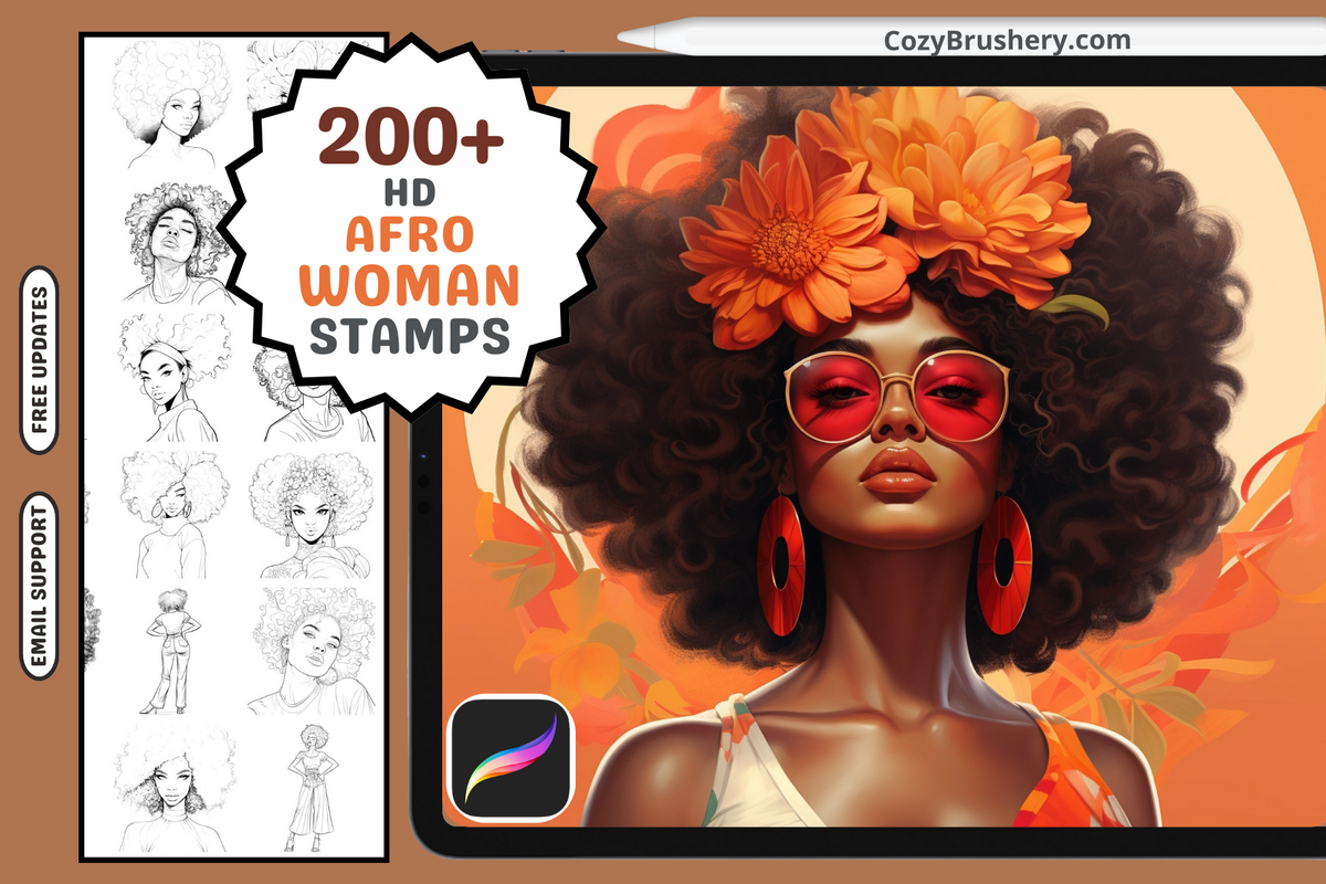 Procreate Stamps: Afro Woman Magic, 200+ Exquisite Stamps for Empowering and Diverse Art Creations, Hair and Portrait Details