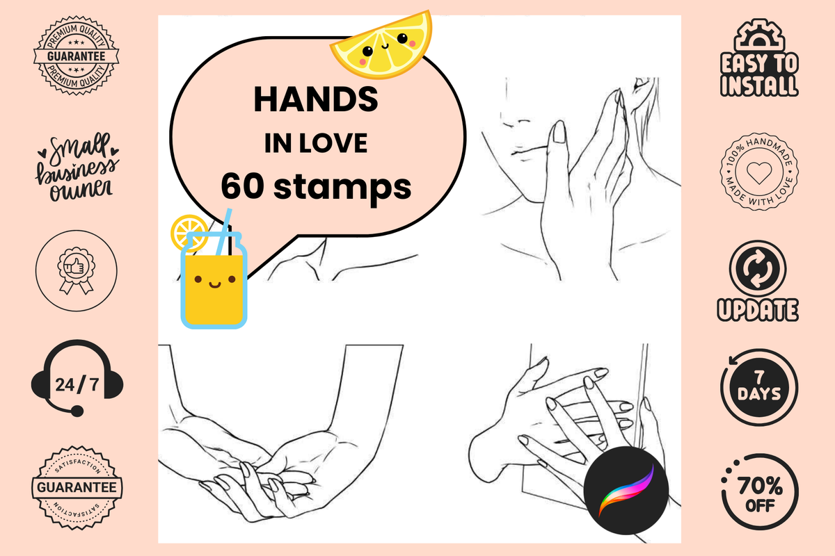 Procreate Stamps: Hands in Love Set, 60 Dynamic Hand Stamps for Lovely Couple Drawings, Anime, and Romantic Illustrations