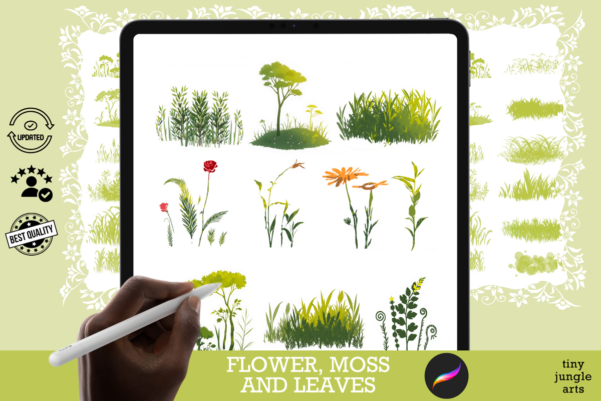 Procreate Brushes: Nature's Canvas Collection, 52 Brushes for Moss, Grass, Leaves, Foliage, and Flowers