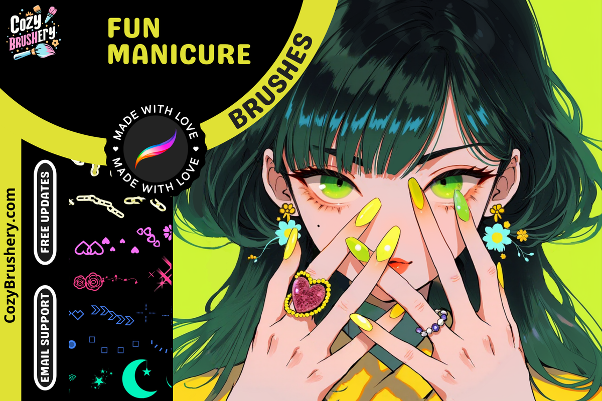 Procreate Brushes: Fun manicure, 38 glittery brushes + 52 fun stamps + 52 sprinkle stars