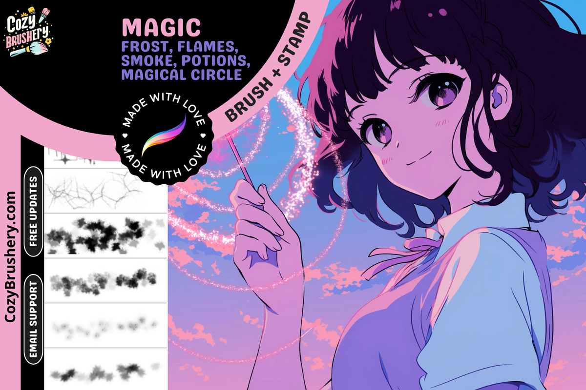 Procreate Brushes: Magic Mayhem Kit, 100+ Stamps & 60+ Brushes for Magic, Flames, Frost, and Neon Effects