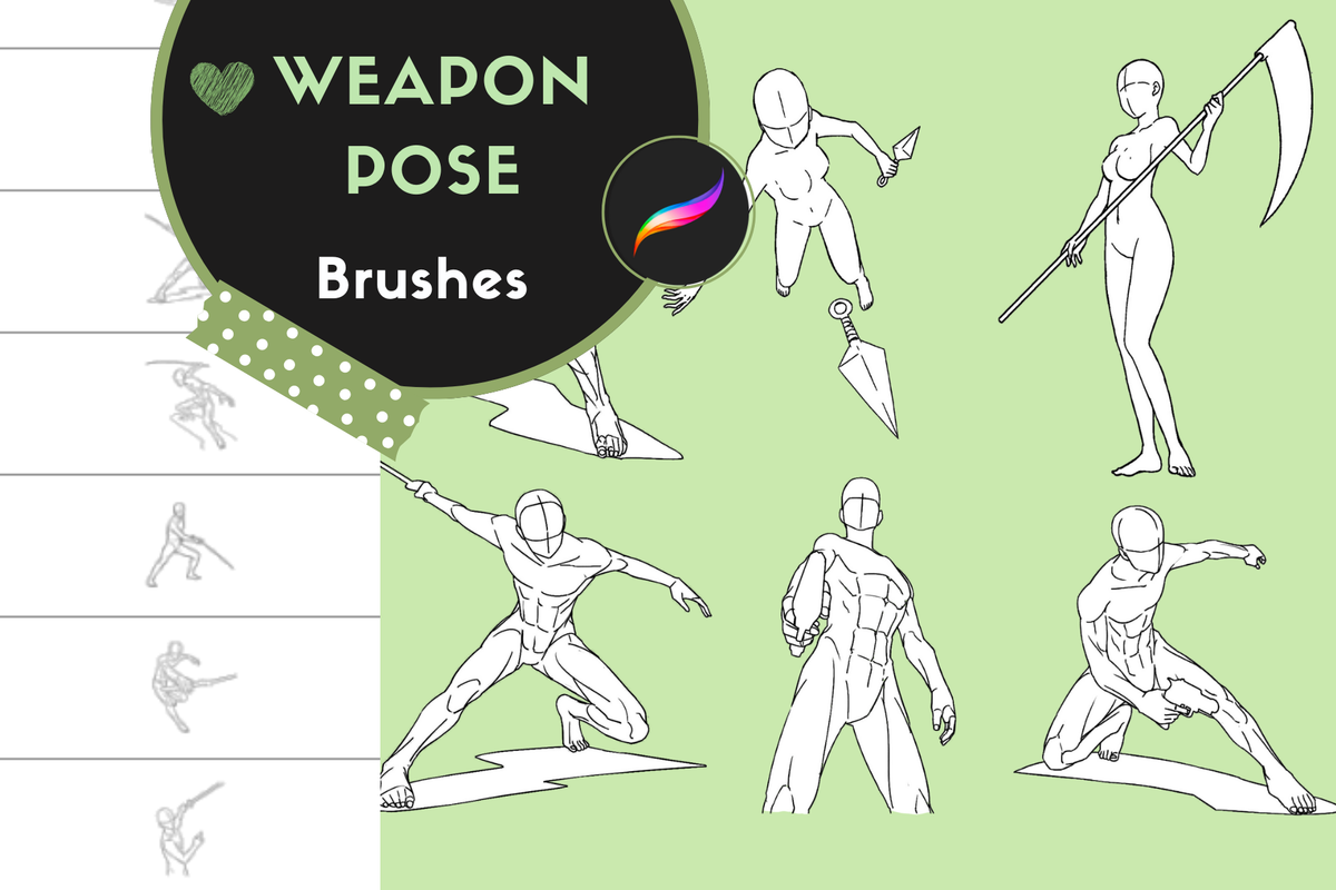 Procreate Stamps: Ultimate Weapon Poses, 172 Male and Female Archers, Knife, Pistol, Sword, and Fight Poses