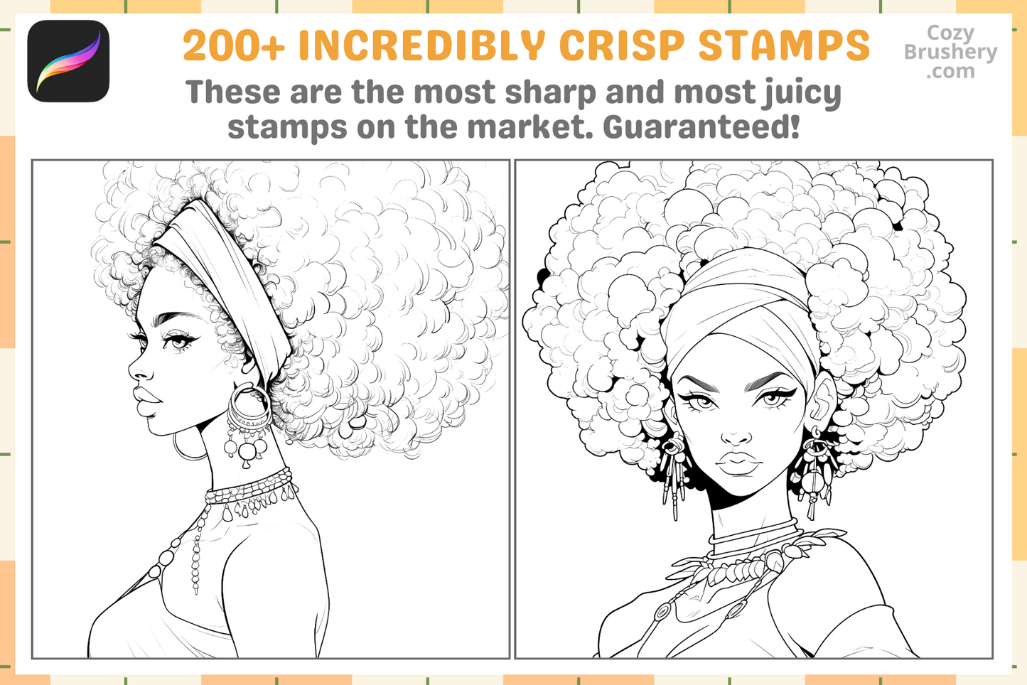 Procreate Stamps: Afro Woman Magic, 200+ Exquisite Stamps for Empowering and Diverse Art Creations, Hair and Portrait Details