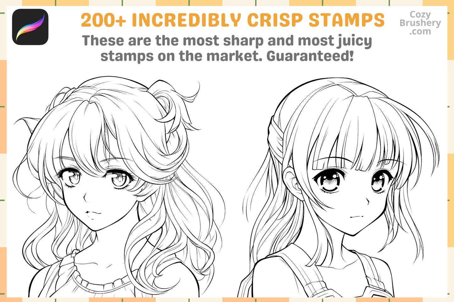 Über 200 Anime-Mädchen-Kopfstempel für Procreate, Super Clean Lineart, verschiedene Frisuren und Ausdrücke, sofortiger digitaler Download