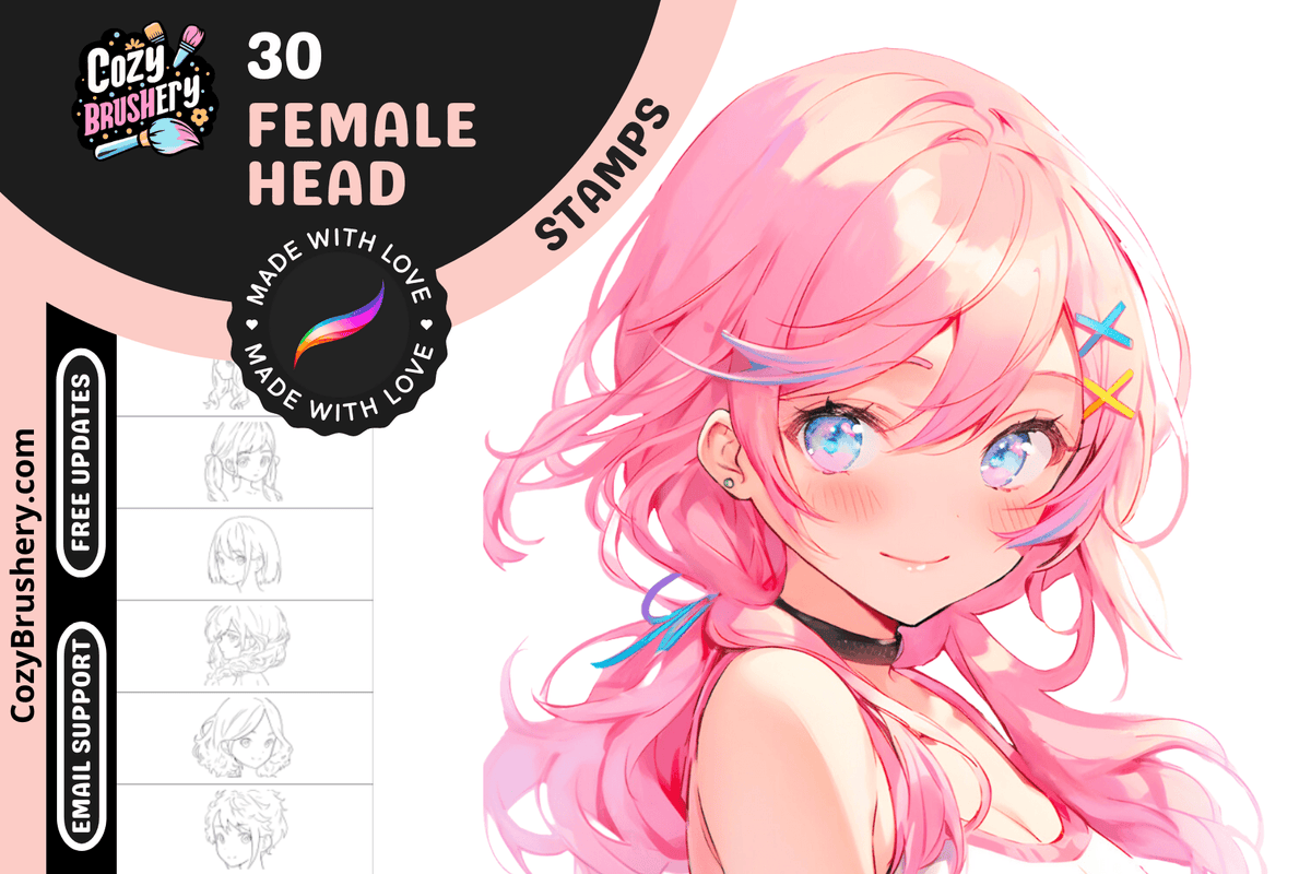 30 Anime Procreate Stamp Brushes Bundle Anime Girl Head Hair Face Eyes, Instant Digital Download - Cozy Brushery