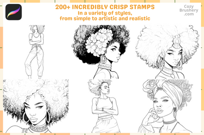 Procreate Stamps: Afro Woman Magic, 200+ Exquisite Stamps for Empowering and Diverse Art Creations, Hair and Portrait Details