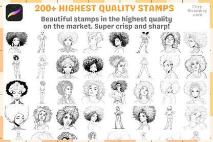 Procreate Stamps: Afro Woman Magic, 200+ Exquisite Stamps for Empowering and Diverse Art Creations, Hair and Portrait Details