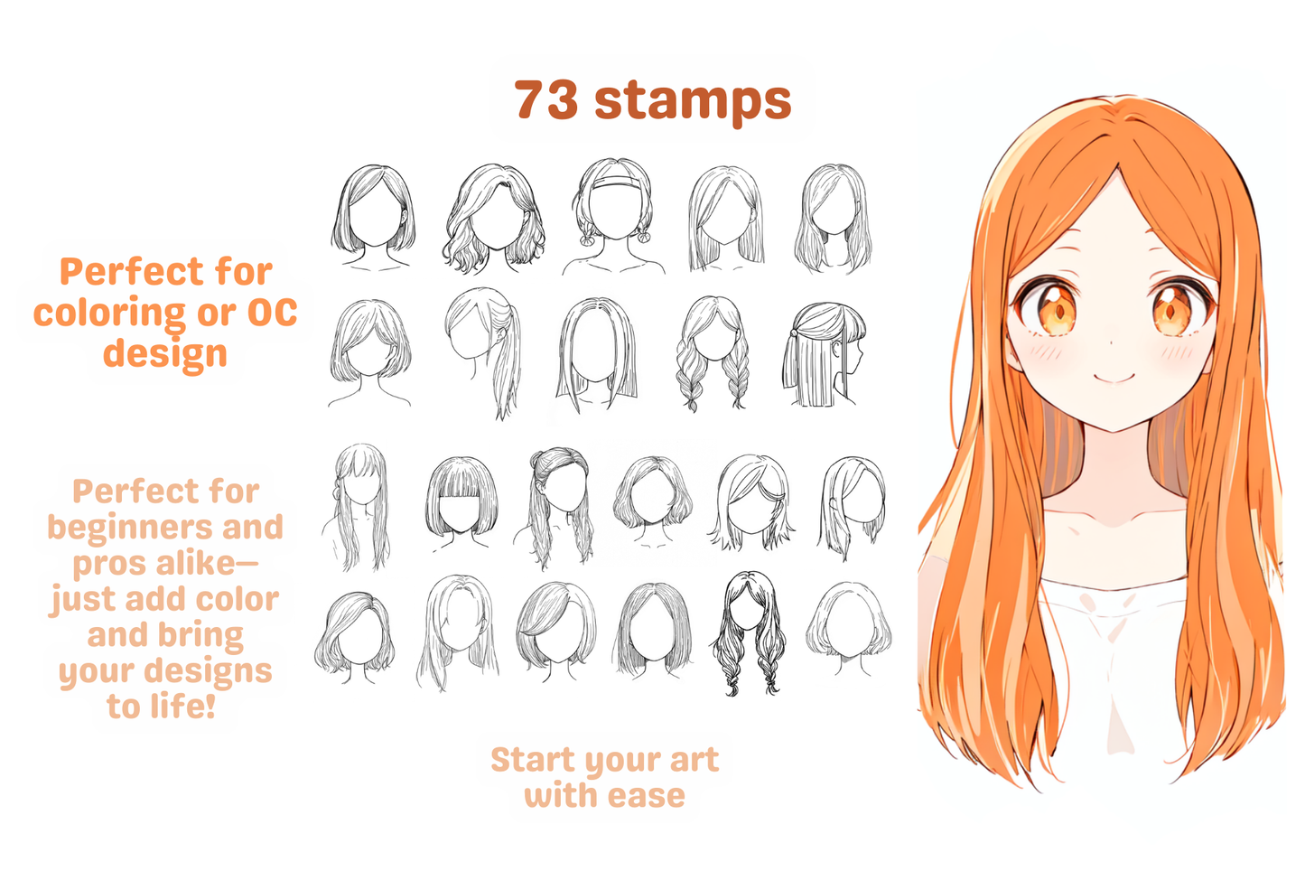 Procreate Stamps: Anime Girl Hair Heaven, 45 Stamps for Color Practice and Quick Art