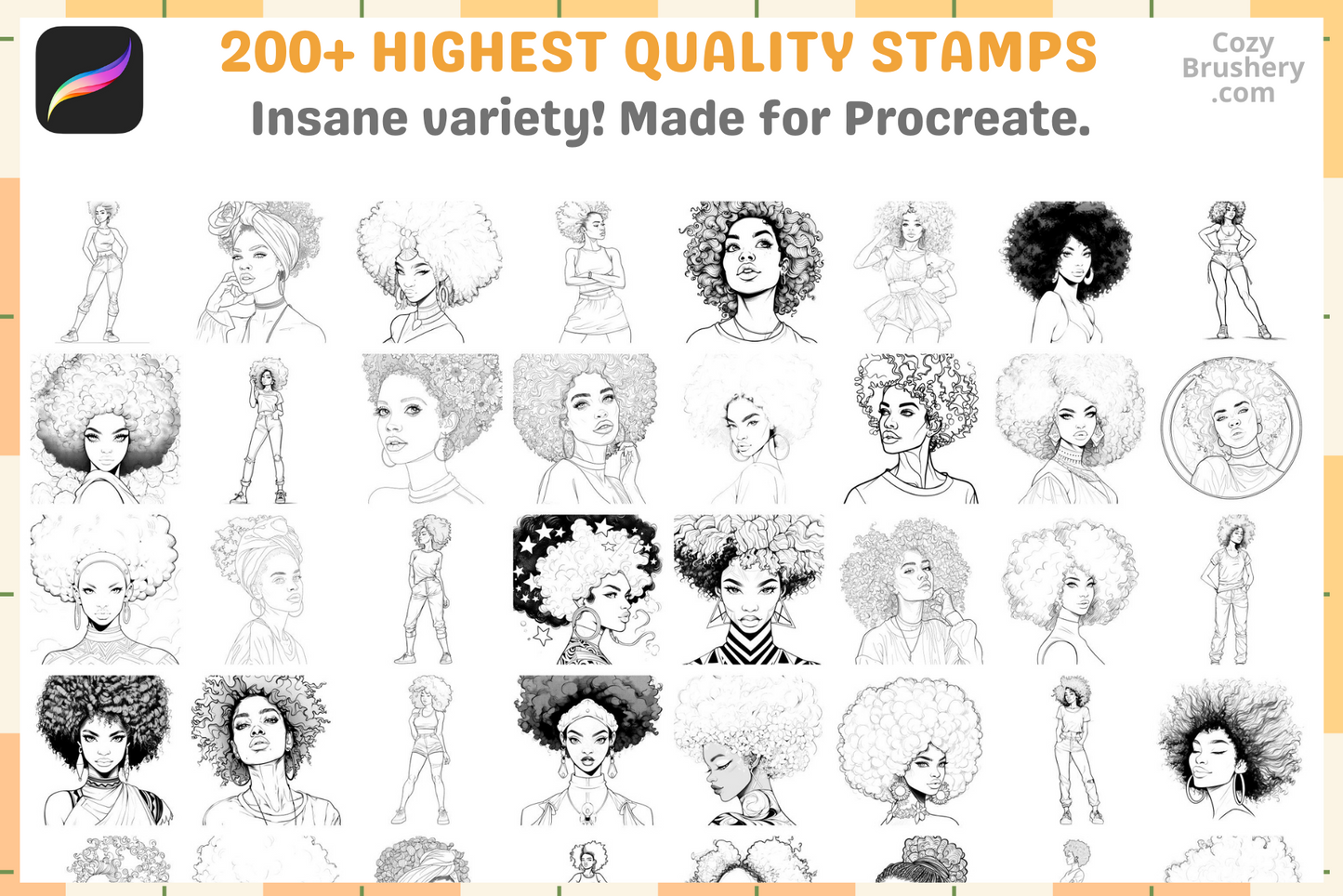 Procreate Stamps: Afro Woman Magic, 200+ Exquisite Stamps for Empowering and Diverse Art Creations, Hair and Portrait Details