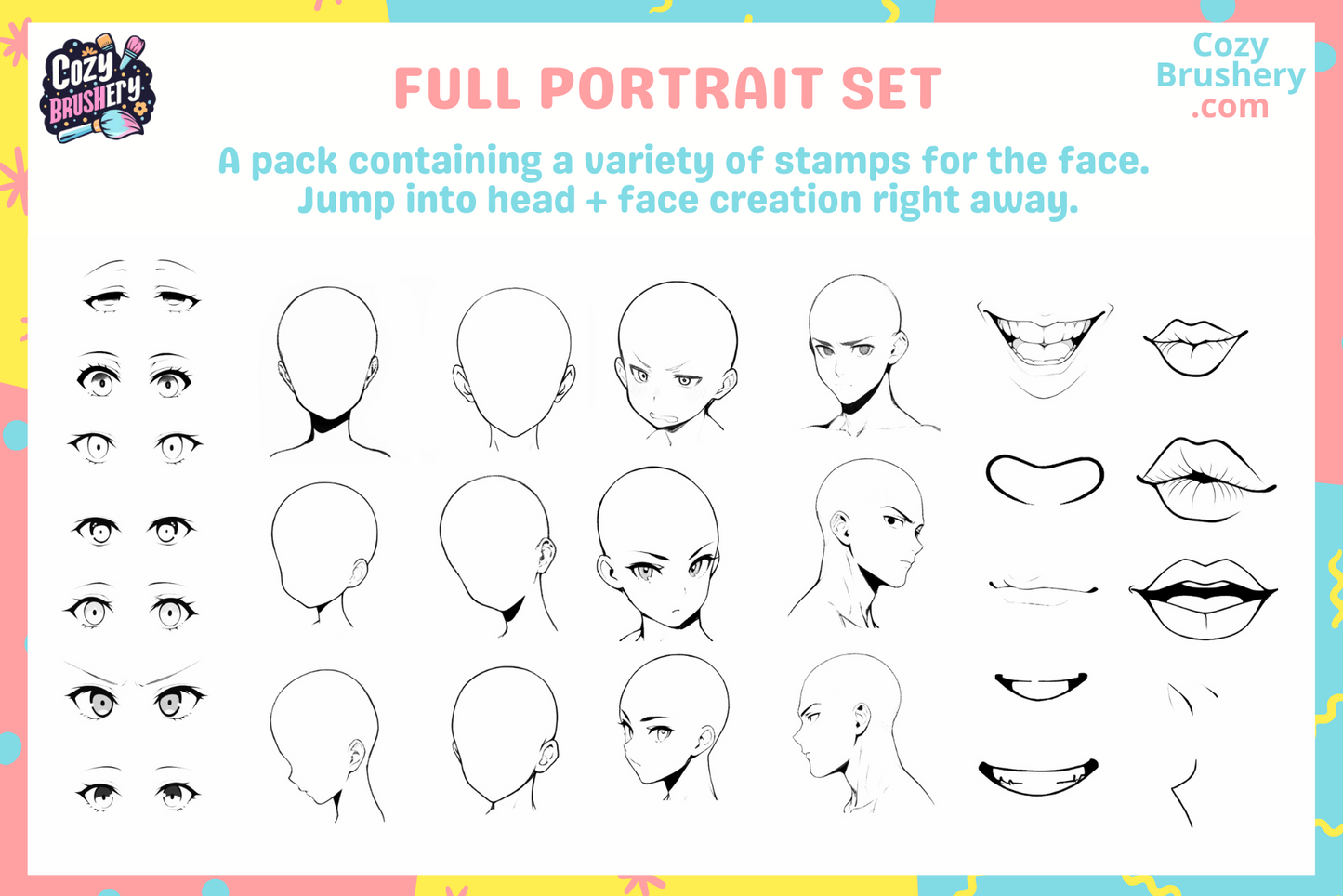 170 Procreate Anime Eyes, Nose, Mouth, Lips, Face, Head Stamps - Essential Pack for beginners and intermediate artists