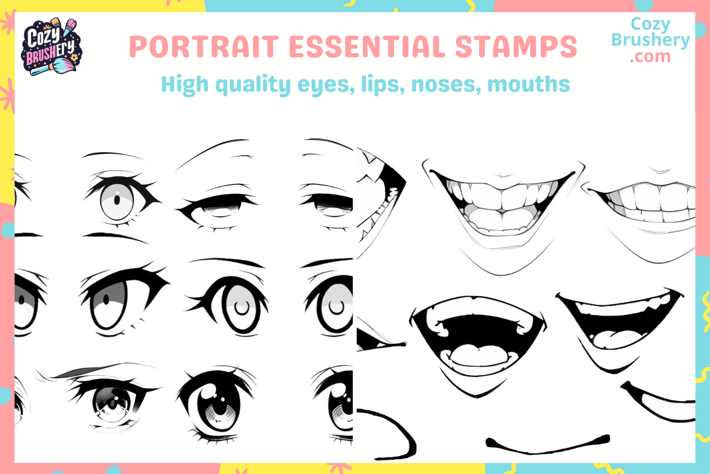 170 Procreate Anime Eyes, Nose, Mouth, Lips, Face, Head Stamps - Essential Pack for beginners and intermediate artists