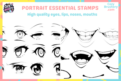 170 Procreate Anime Eyes, Nose, Mouth, Lips, Face, Head Stamps - Essential Pack for beginners and intermediate artists