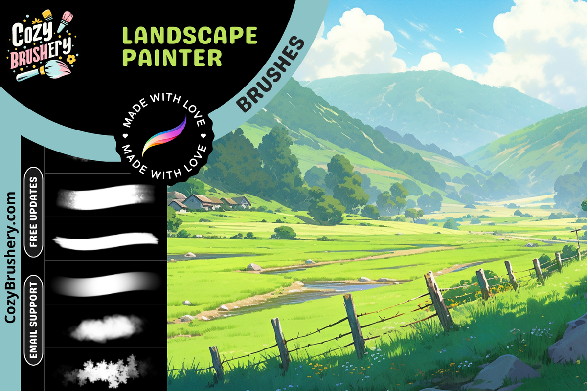 FREE Landscape Painter Procreate Brush Set - Grass, Clouds & Textures - 18 Brushes