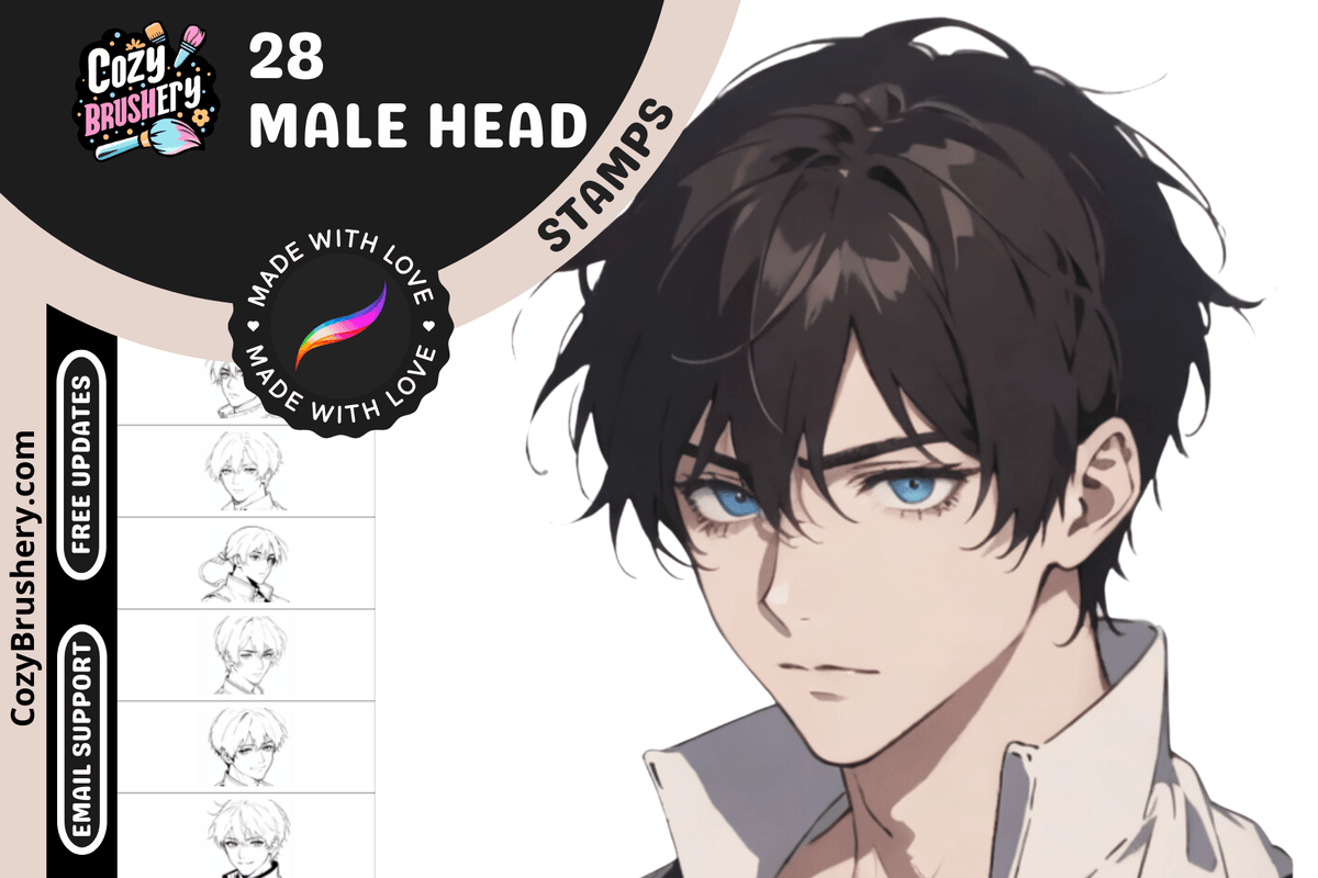 Anime Guy Procreate Stamp Brushes Bundle - Male Face Stamps, Man Boy Guy Head Hair Eyes Stamps, Instant Digital Download - Cozy Brushery
