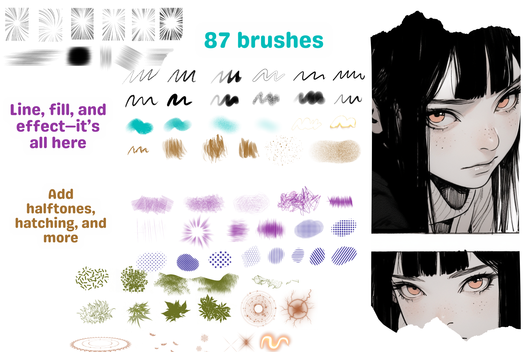 Procreate Manga Brushes Pack – 87 Brushes for Lineart, Shading, Foliage, Speed Lines, and Halftones - Cozy Brushery