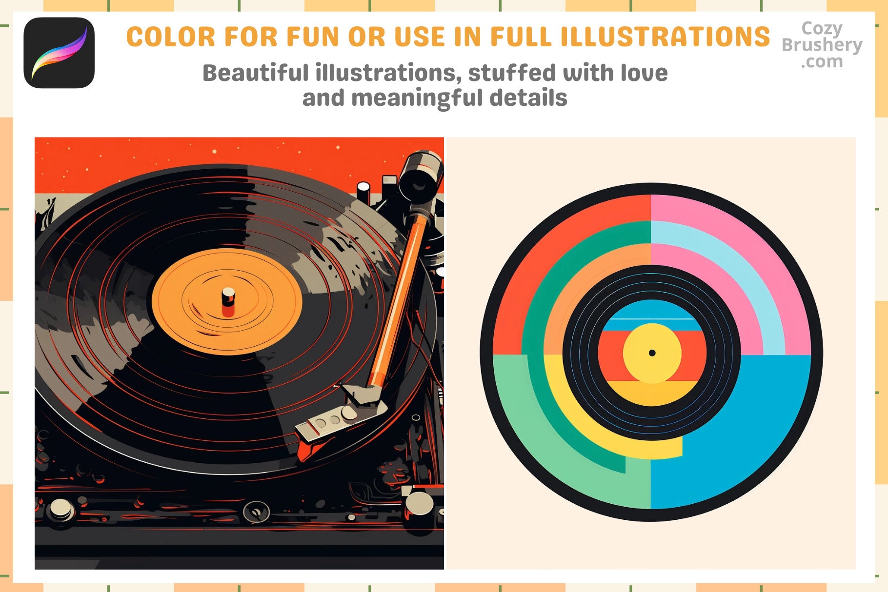 Procreate Stamps Vinyl Retro Pack 200 Vintage Record Stamps - Cozy Brushery