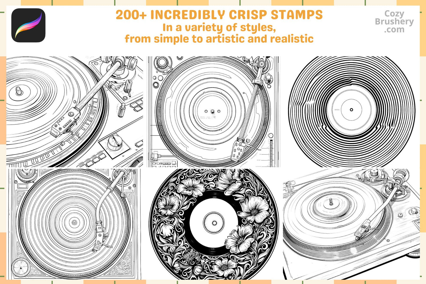 Procreate Stamps Vinyl Retro Pack 200 Vintage Record Stamps - Cozy Brushery