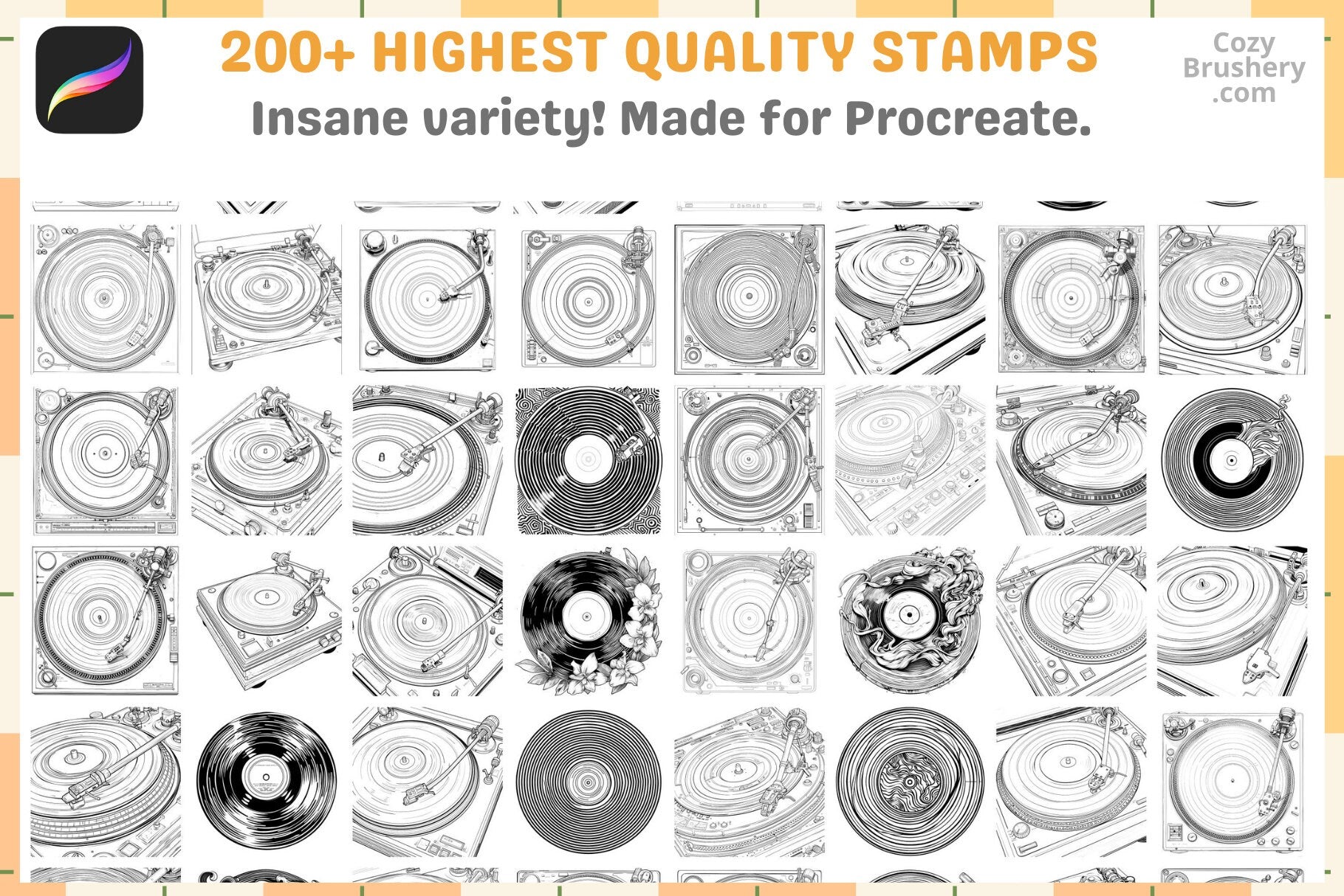 Procreate Stamps Vinyl Retro Pack 200 Vintage Record Stamps - Cozy Brushery