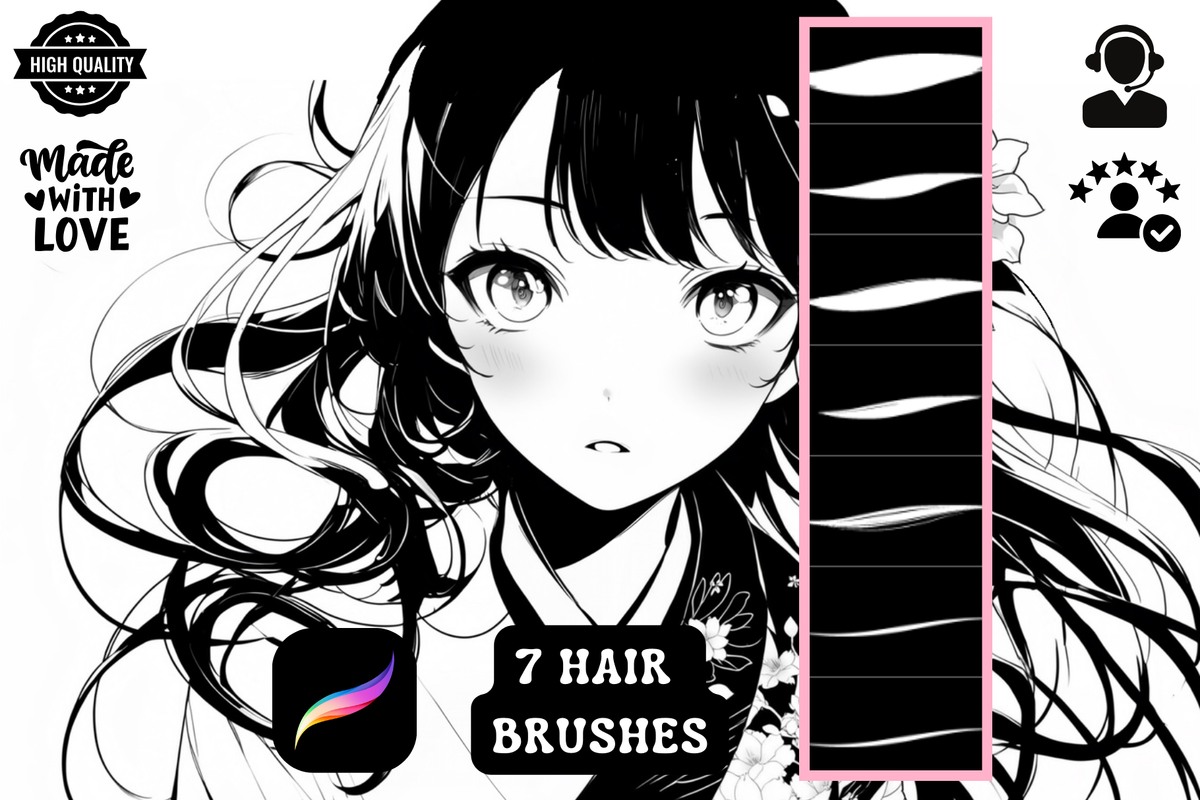 Procreate Brushes: Manga Hair Mastery, 7 Brushes for Comic and Manga Hair Art, Outline Brushes