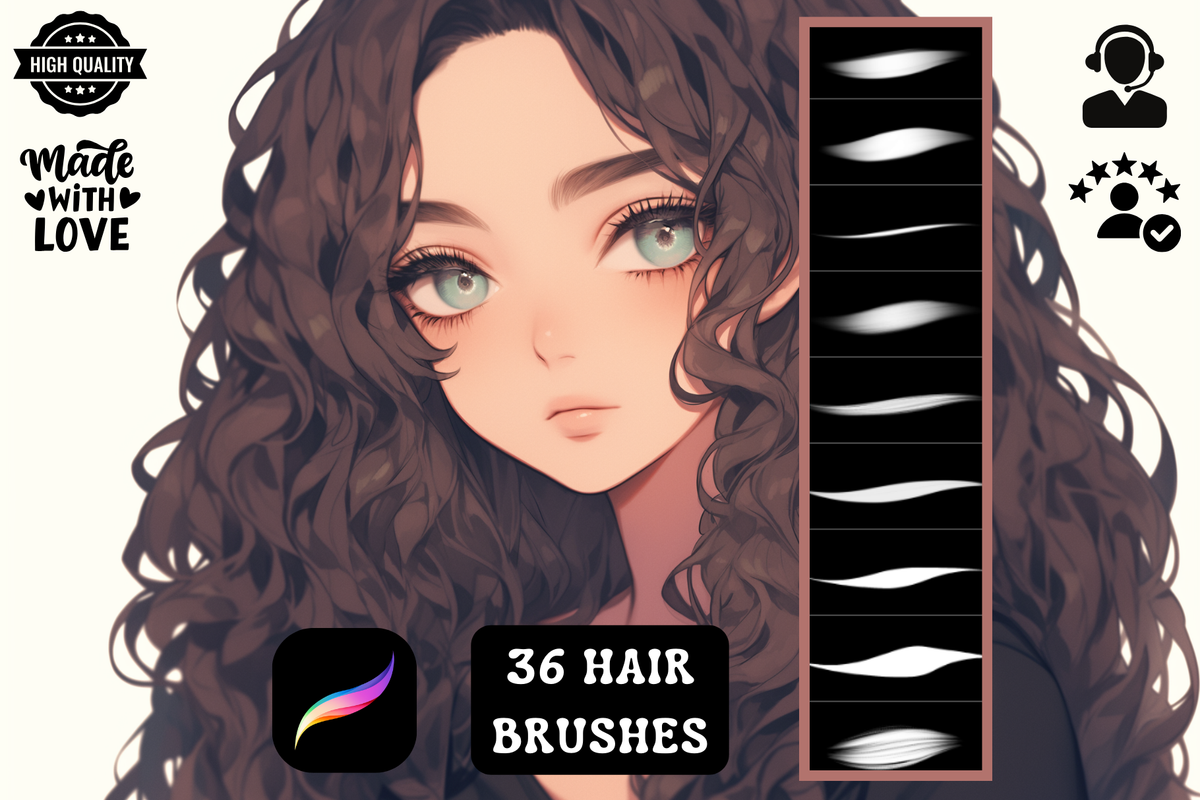 Procreate Brushes: Curly Hair Creator, 64 Brushes for Drawing Curly Hair