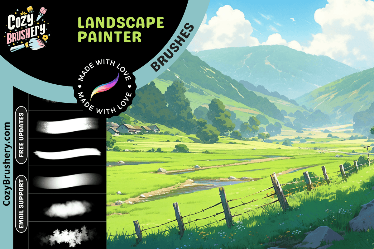 Free Landscape Painter Procreate Brush Set - Grass, Clouds & Textures - 18 Brushes - Cozy Brushery