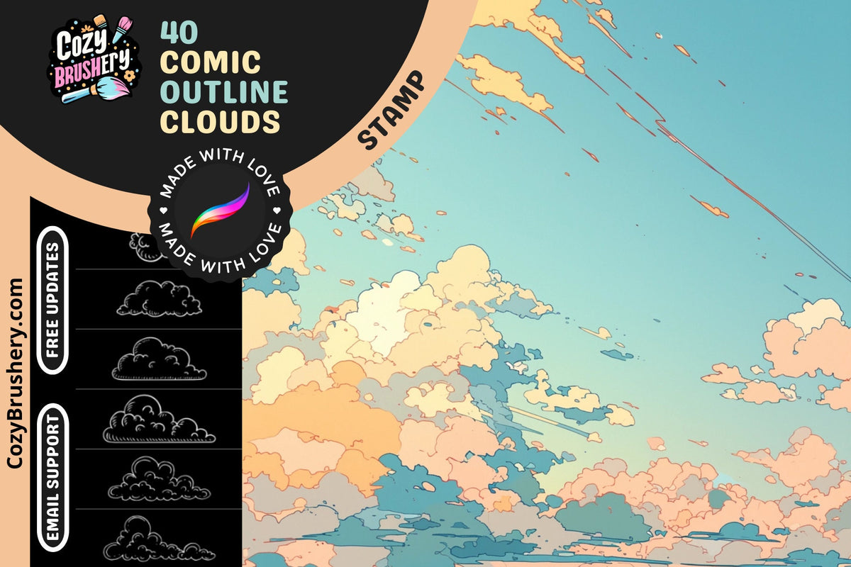 Procreate Stamps: Cloud Dreams, Ultimate Outlined Comic Cloud Brushes for Dynamic Skies, Manga & Art