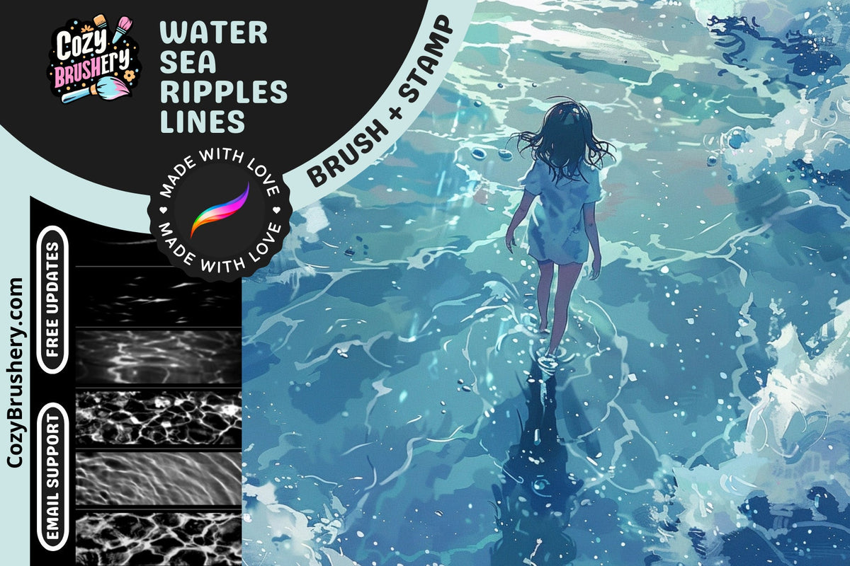 Procreate Water Brushes and Stamps: Water Ripple Brushes for Serene Scenes and Reflections, for anime, manga and realistic style