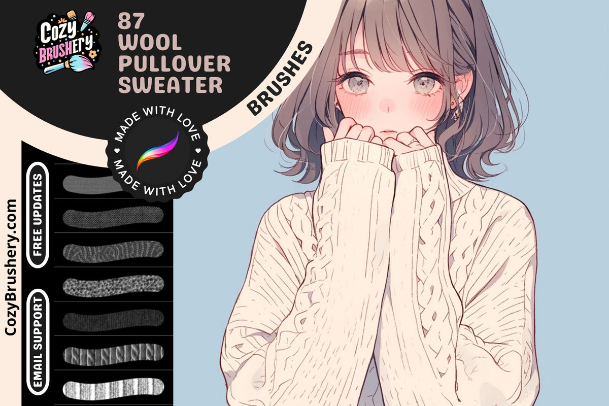 Procreate Brushes: Wooly Wonder, 87 Cozy Sweater Pullover Texture Brushes for Warm and Fuzzy Artworks,  for Fashion and Comfort Scenes