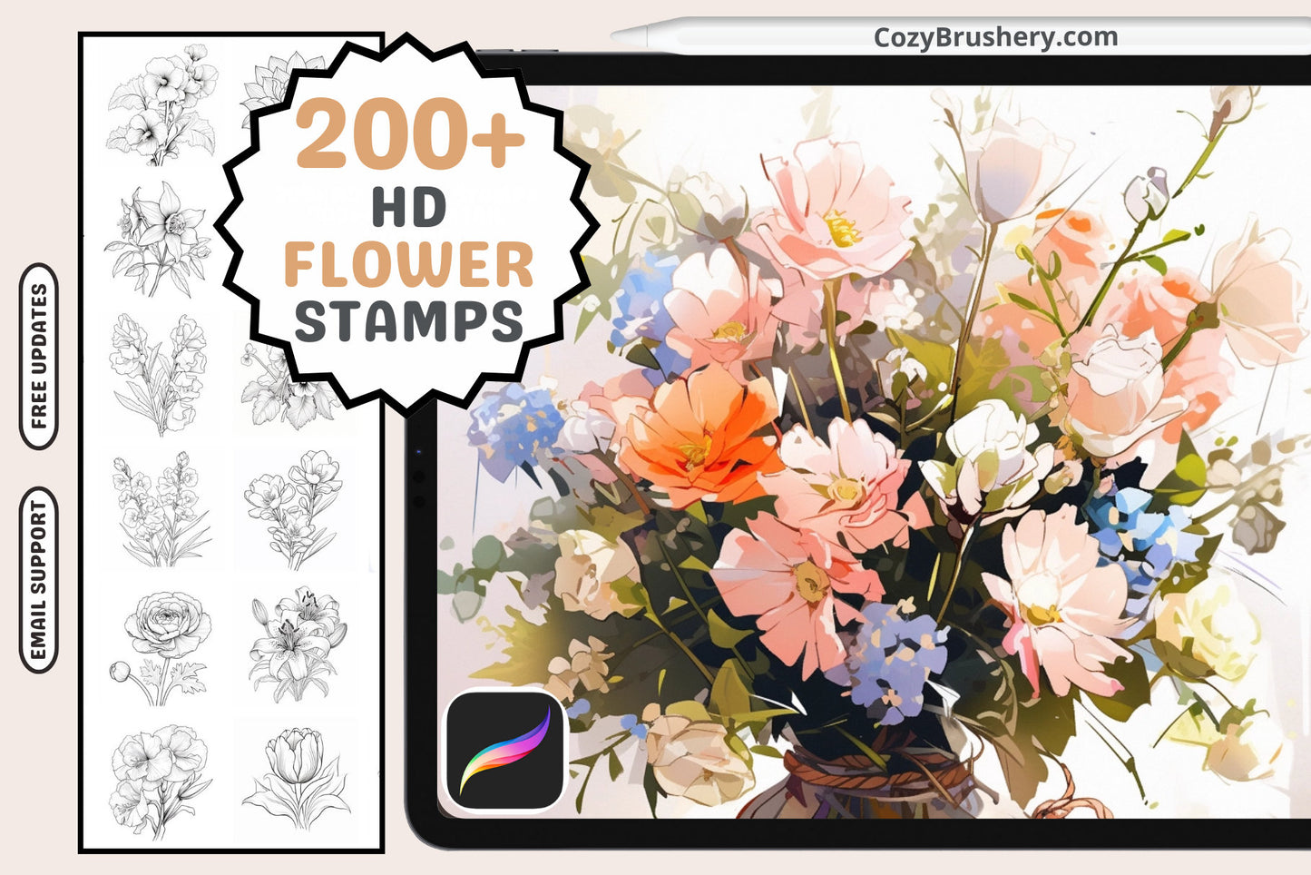 200+ Procreate Mixed Flowers Stamps, Diverse Floral Brushes For Vibrant Digital Art, Instant Download