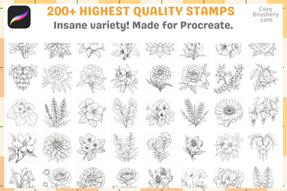 200+ Procreate Mixed Flowers Stamps, Diverse Floral Brushes For Vibrant Digital Art, Instant Download