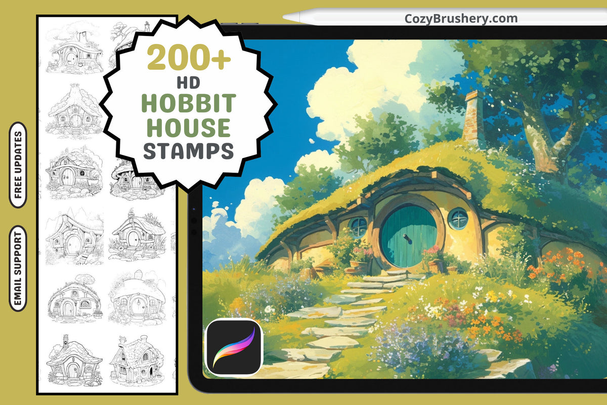 Procreate Stamps: Hobbit House Collection, Enchanting Brushes for Fantasy Landscapes, Cozy Homes