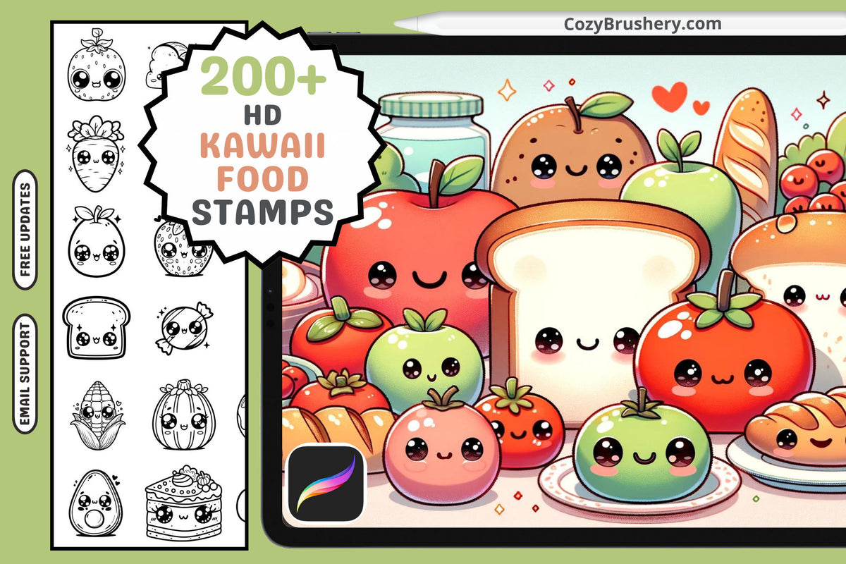 Procreate Stamps: Kawaii Cuisine Pack, 200+ Cute Foods with Eyes Stamps for Whimsical Food Art, Procreate Brushes