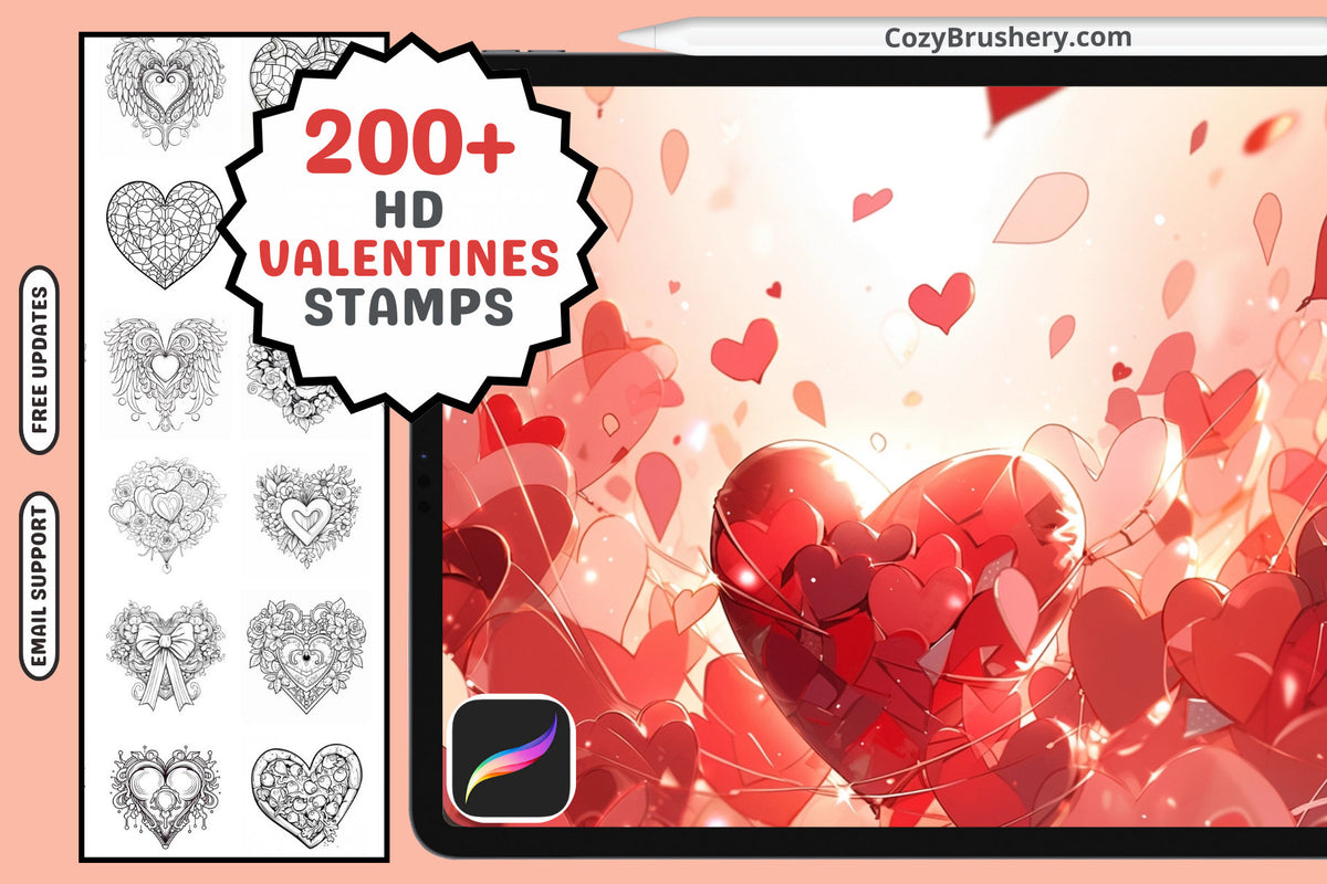 Procreate Stamps: Love Lines Pack, 200+ Valentine's Heart Lineart Stamps for Romantic Designs, Procreate Brushes