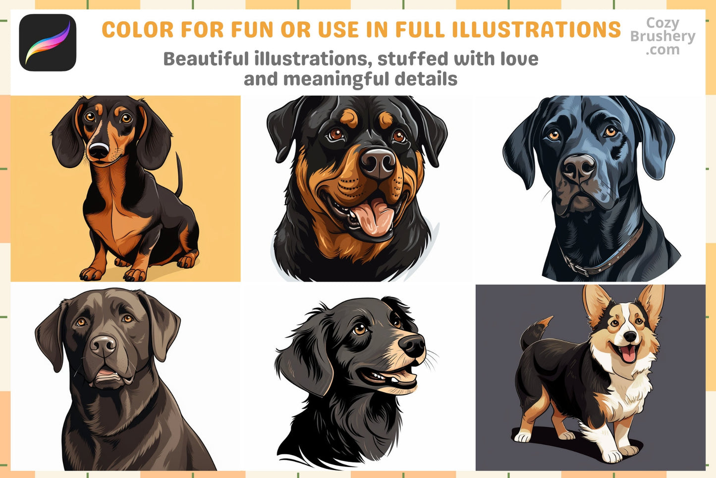 Procreate Stamps: Canine Collection, 200+ Dog Stamps with Various Breeds for Animal Illustrations, Procreate Stamps