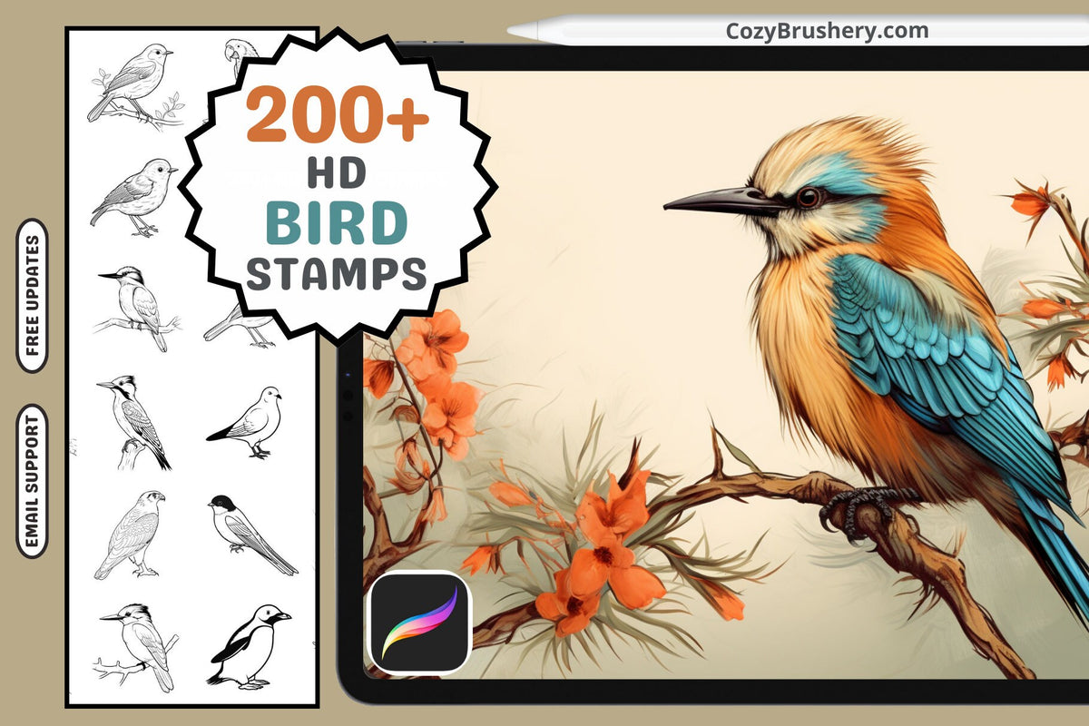 Procreate Stamps: Avian Adventure Pack, 200+ Bird Stamps for Dynamic Wildlife Art, Procreate Stamps