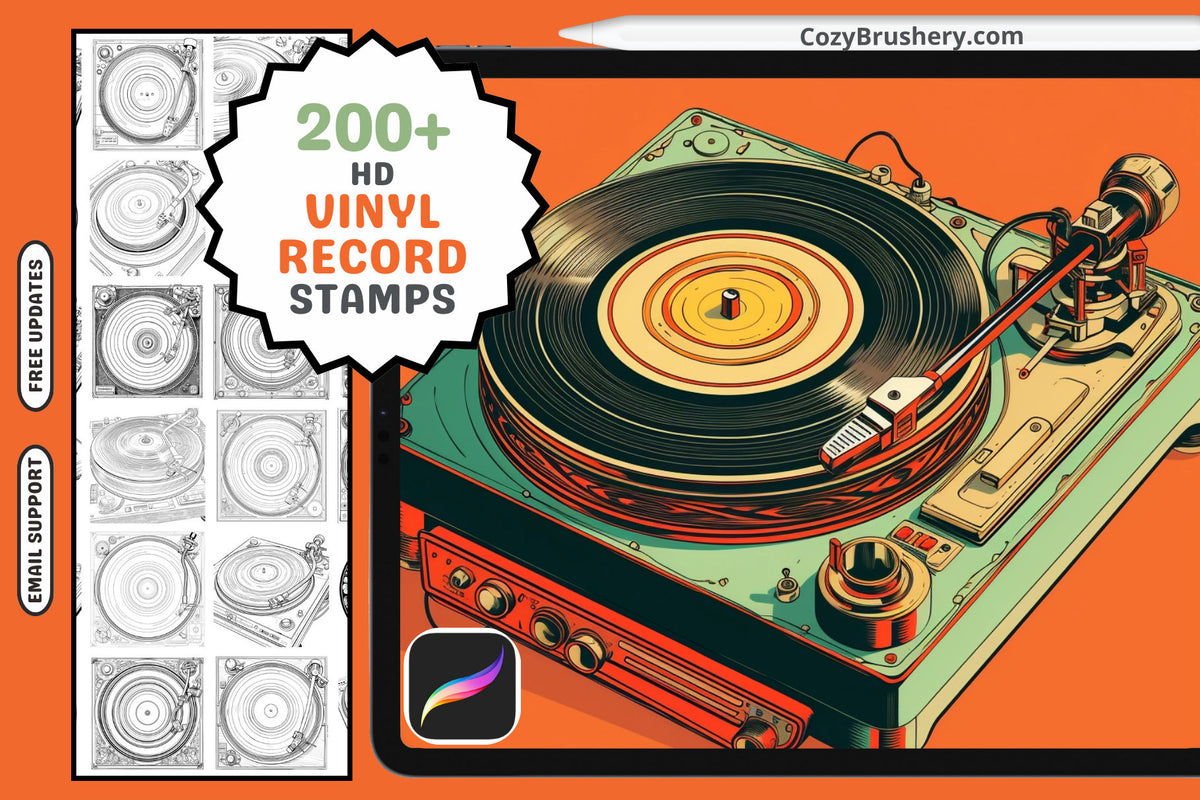 Procreate Stamps: Vinyl Retro Pack, 200+ Vintage Vinyl Record Stamps for Nostalgic Art Creations