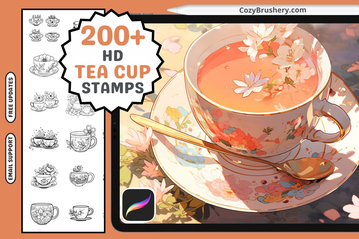 Procreate Stamps: Teatime Extravaganza, 200+ Charming Teacup Stamps for Enchanting Beverage Art, Procreate Brushes