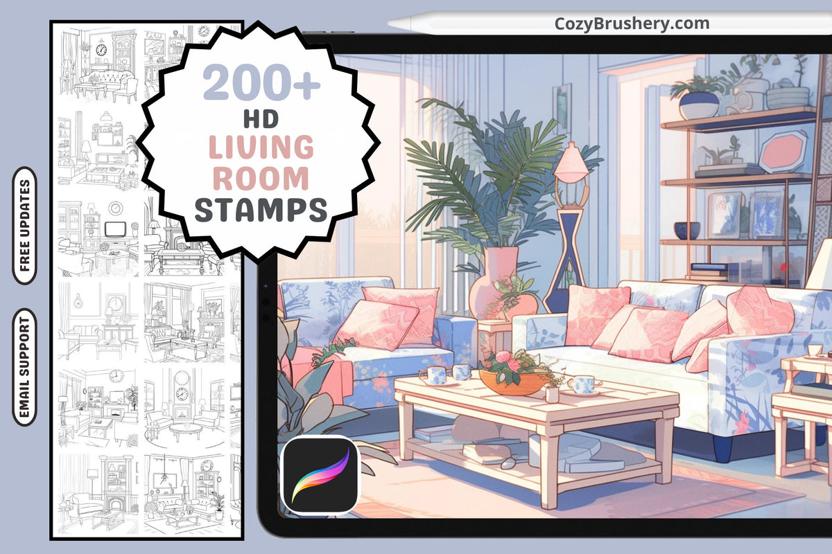 Procreate Stamps: Cozy Living Room Pack, 200+ Full Living Room Stamps for Coloring and Design, Procreate Brushes