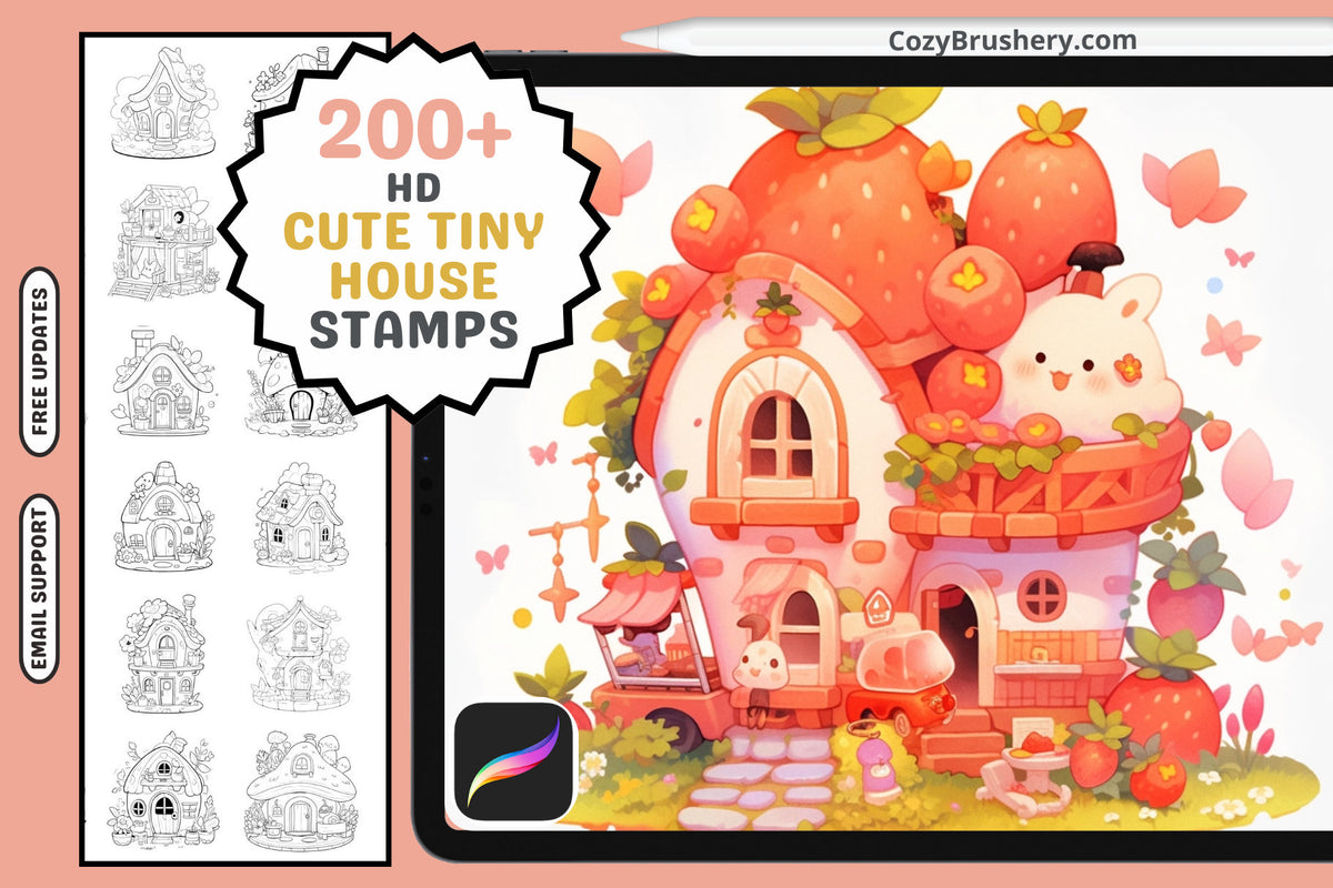 Procreate Stamps: Kawaii Cottage Collection, 200+ Cute Small Tiny House Stamps for Whimsical Home Designs, Procreate Brushes