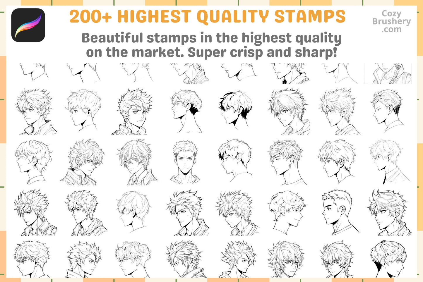 Procreate Stamps: Anime Guy Head Pack, 200+ Dynamic Stamps for Manga Creations and Character Design