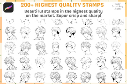 Procreate Stamps: Anime Guy Head Pack, 200+ Dynamic Stamps for Manga Creations and Character Design