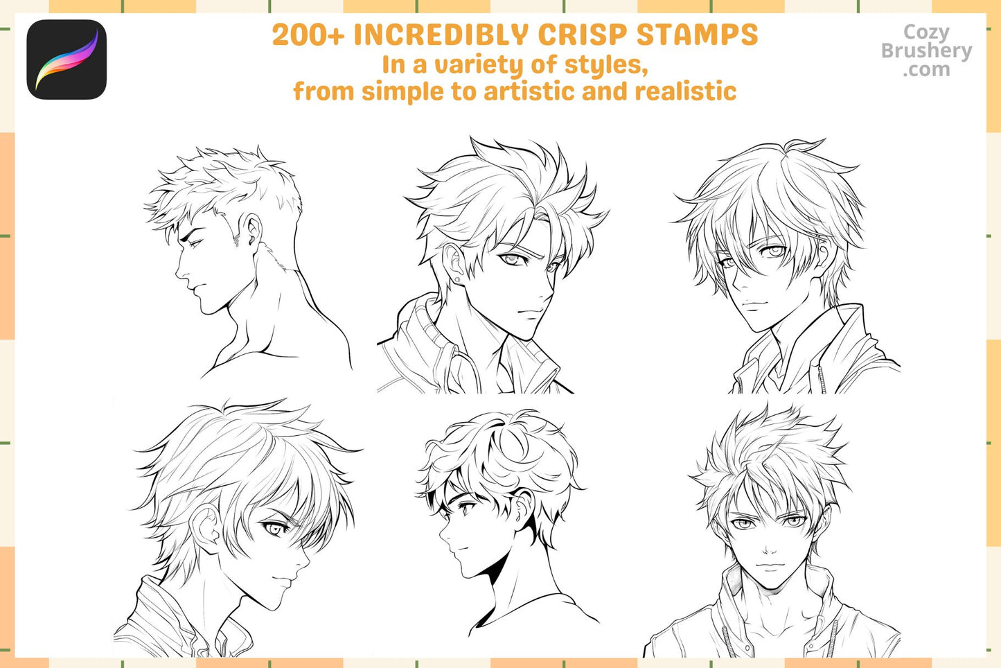 Procreate Stamps: Anime Guy Head Pack, 200+ Dynamic Stamps for Manga Creations and Character Design