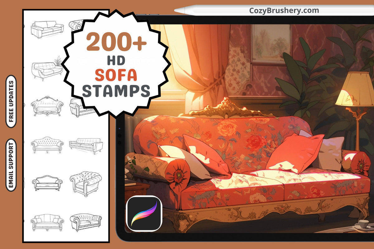 Procreate Stamps: Sofa Style Pack, 200+ Sofa Stamps for Interior Design and Home Decor Art