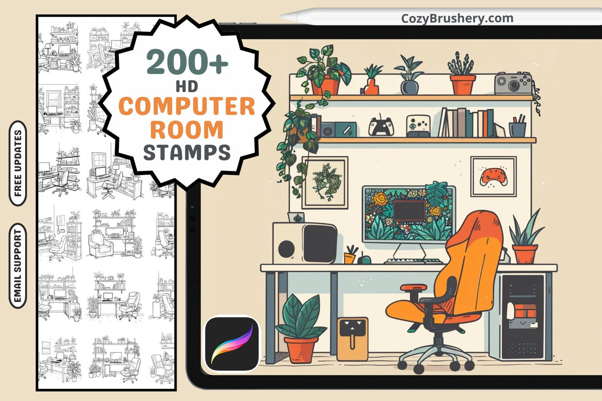 Procreate Stamps: Ultimate Computer Room Pack, 200+ Tech Savvy Stamps for Dynamic Workspace Designs, Procreate Brushes