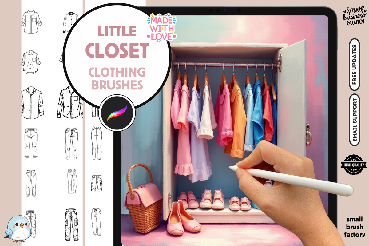 Procreate Stamps: Little Closet Dress-Up Bundle, 200 Clothing Stamps, Pants, Shirts, Shoes, Dress and 54 Fun Frill, Lace, and Ribbon Brushes