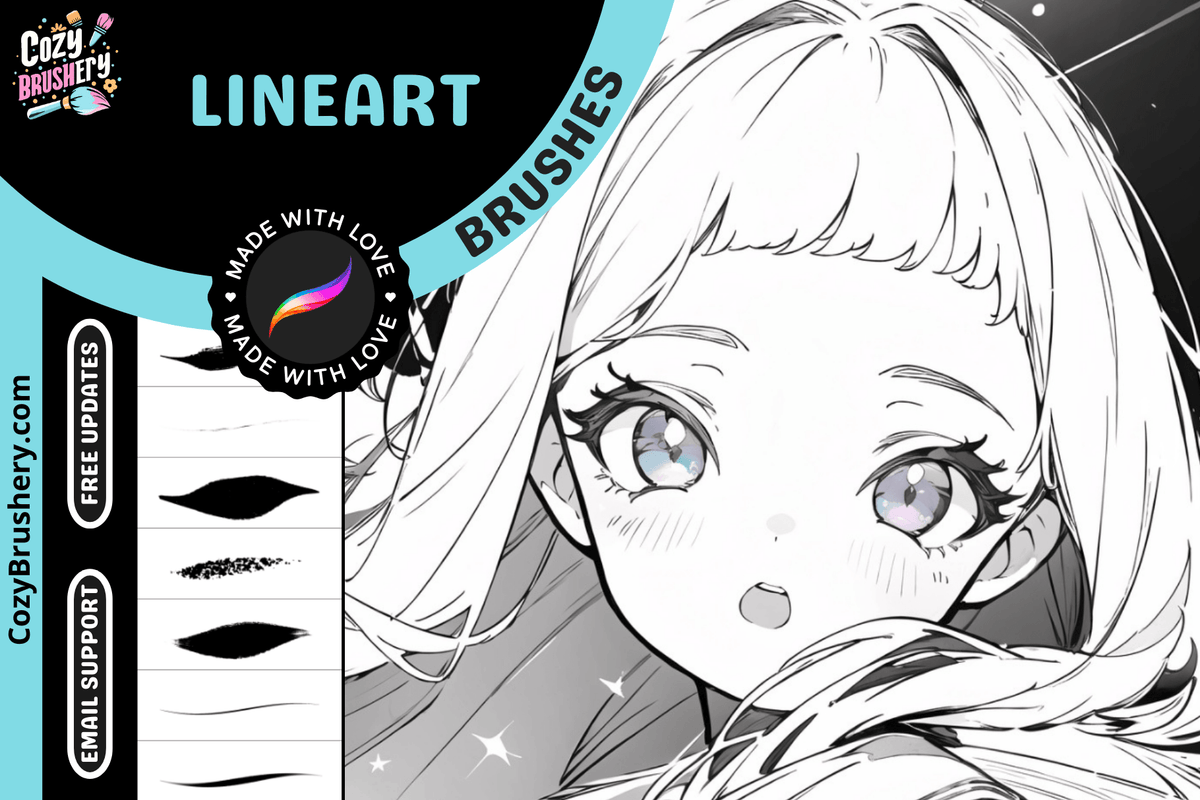 Procreate Anime Manga Lineart Brushes for Head and Body, Inktober, Cartoon, sketching - Procreate Ink Brushes Portrait and Fullbody - Cozy Brushery