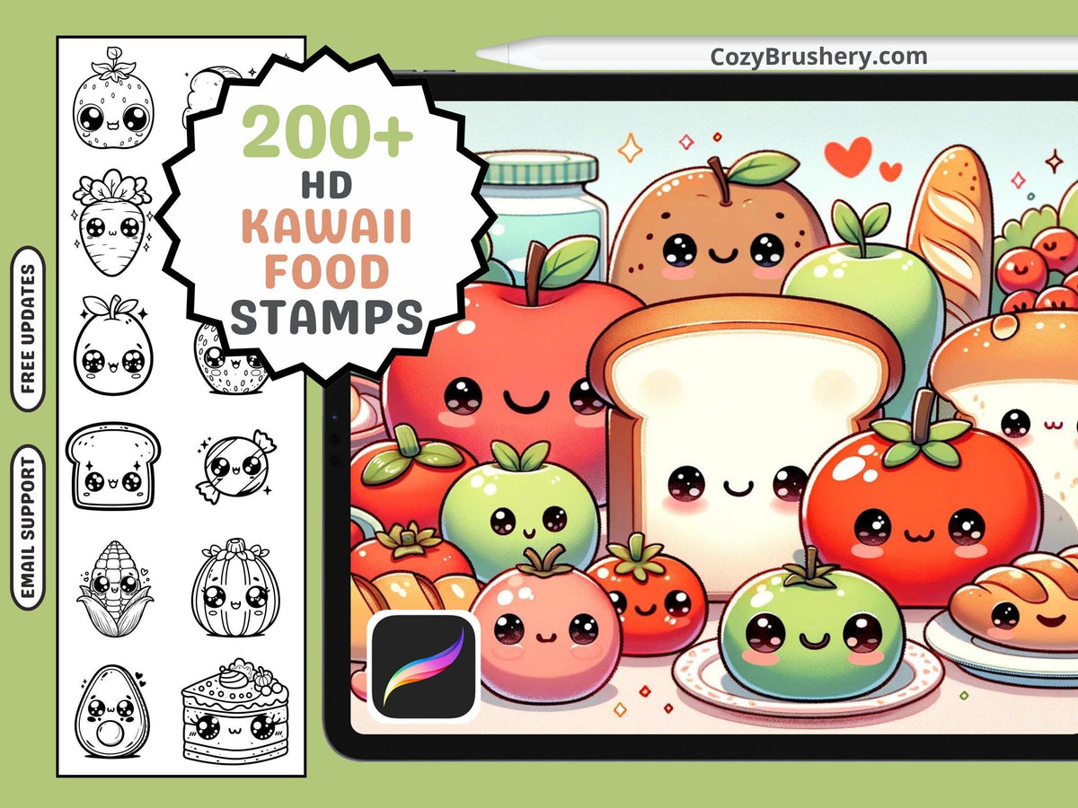 200+ Procreate Kawaii Food Stamps, Cute Faces on All Foods - Sweets, Fruits, Ramen & More, Instant Download - Cozy Brushery