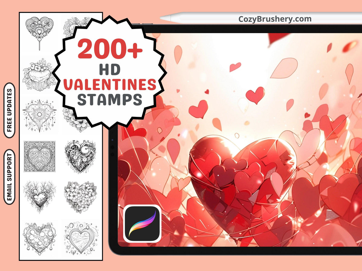 200+ Procreate Valentine Themed Stamps, Romantic Brushes for Love-Filled Digital Art, Instant Download - Cozy Brushery