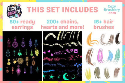 500+ Pretty Girl Brushes and Stamps, Hair, Portrait, Cute Drawing, Glitter, Gold, Hearts, Stars, Chains - Cozy Brushery